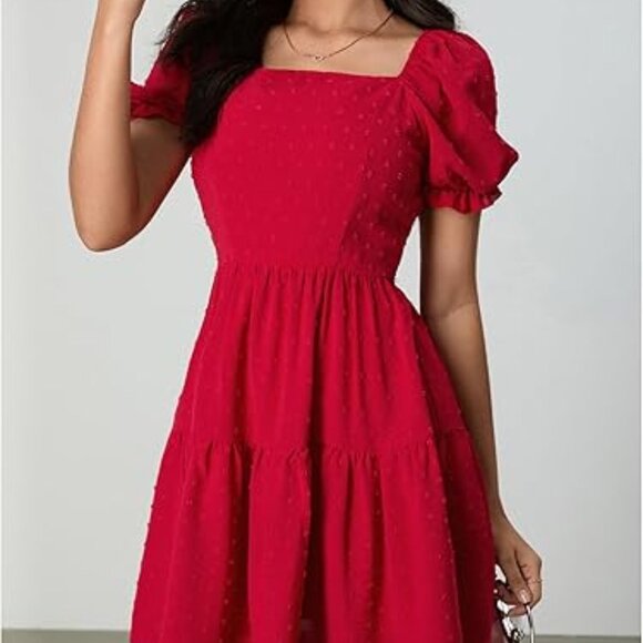 Women's Bow Mini Dress Square Neck Puff Short Sleeve Ruffle A Line Flowy Holiday - Picture 5 of 5